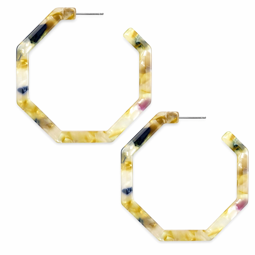 Resin Hoop Earrings with Geometric Design Yellow