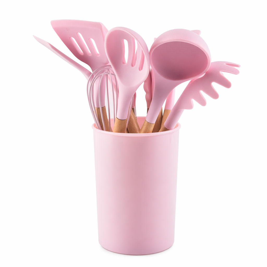 12-Piece Set of Silicone Kitchen Utensils Pink