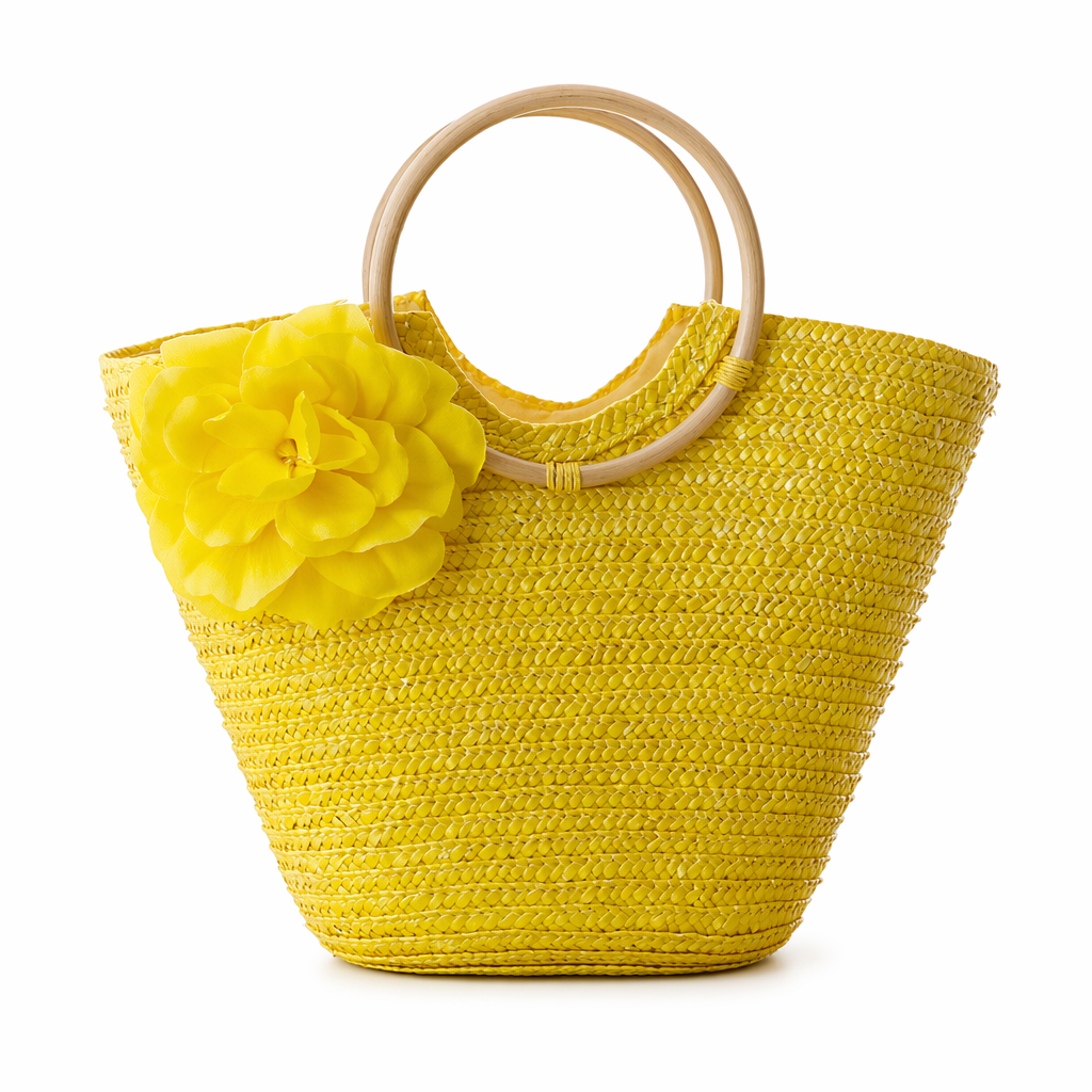 Coseey Floral Woven Straw Tote Bag Yellow