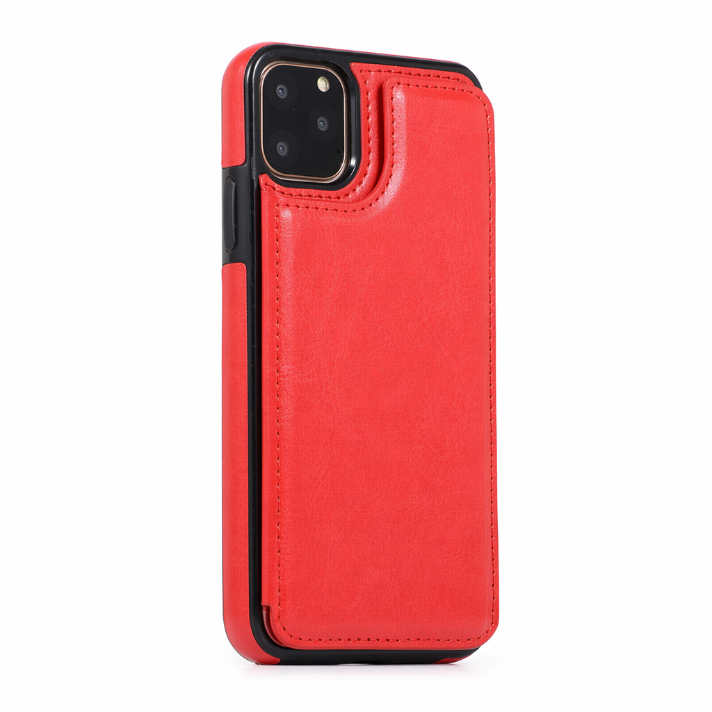 Retro-Themed Vegan Leather Flip Wallet Case for iPhone 11 to 15 Red