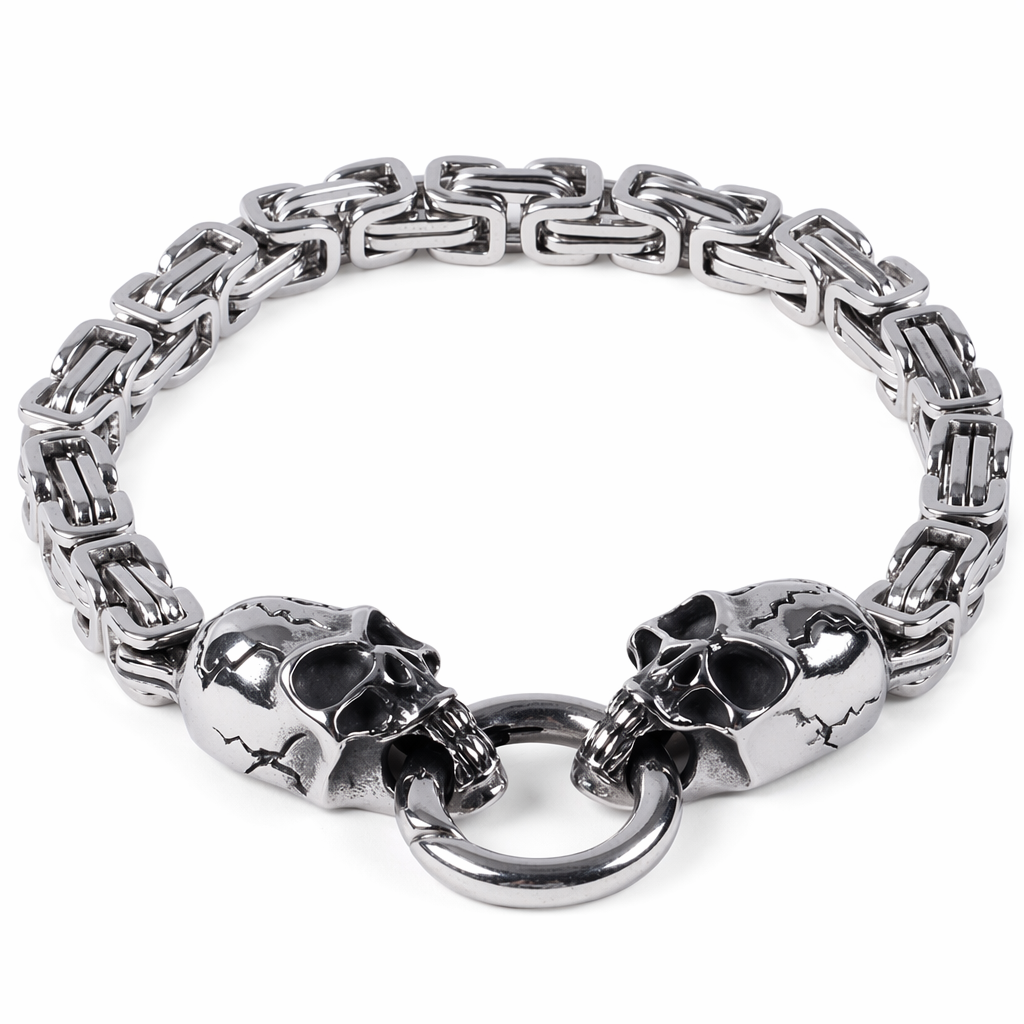 Double Bracelet with Twin Wolf Heads Skull