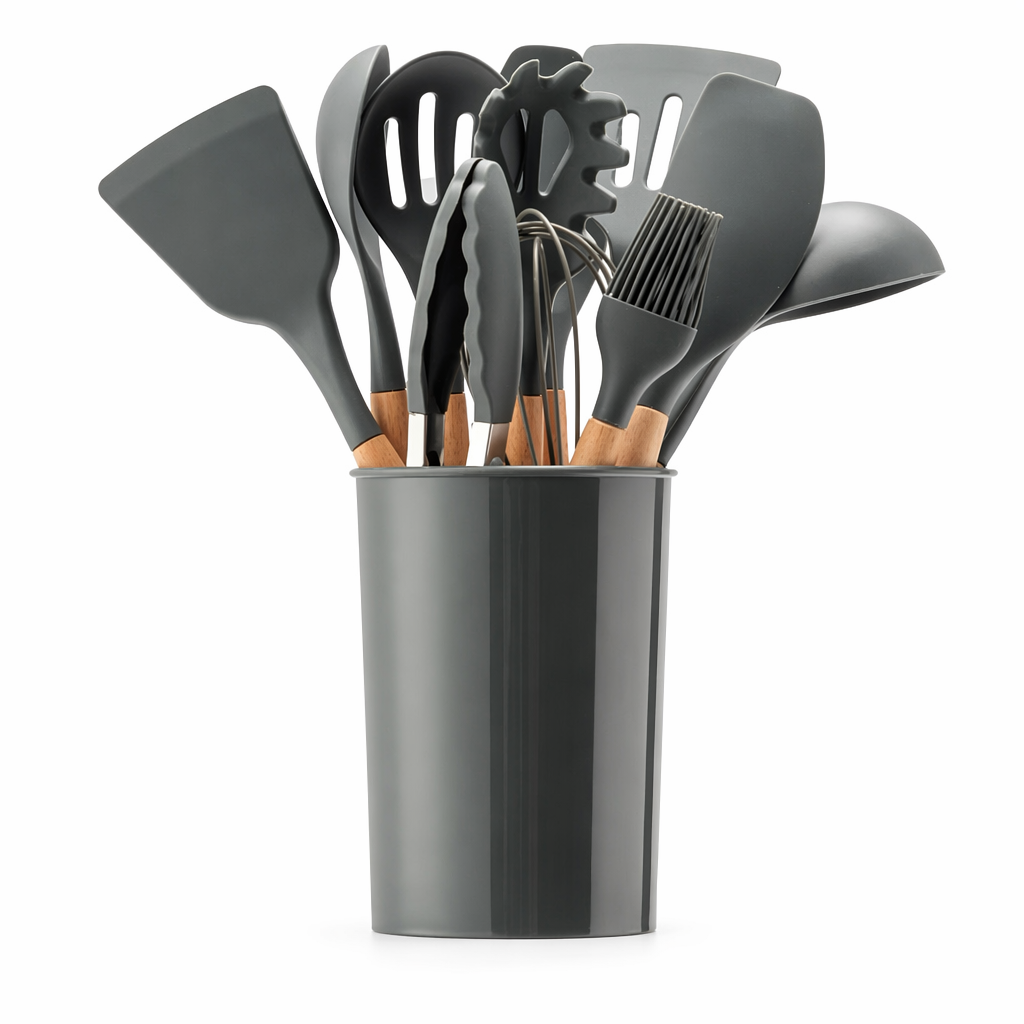 12-Piece Set of Silicone Kitchen Utensils grey