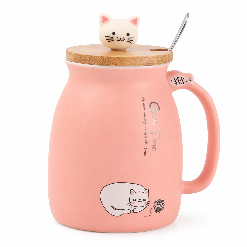 Cute Cartoon Cat Ceramic Coffee Mug Pink