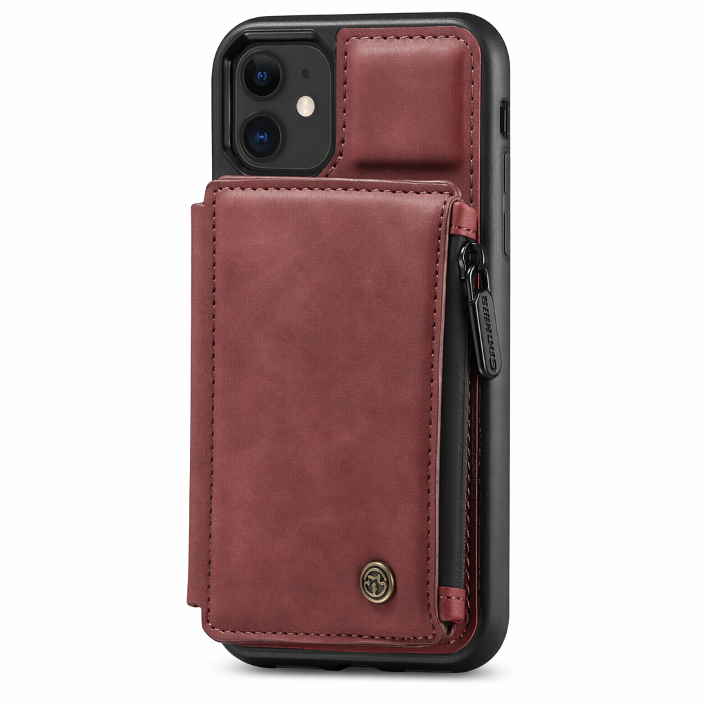Slim Back Case with Zipper for iPhone 11 to 15 Series Red