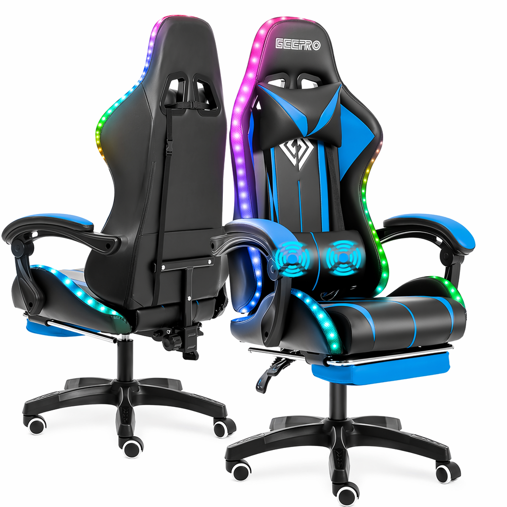 LED Gaming Chair with Built-In Footrest and Massaging Function Blue