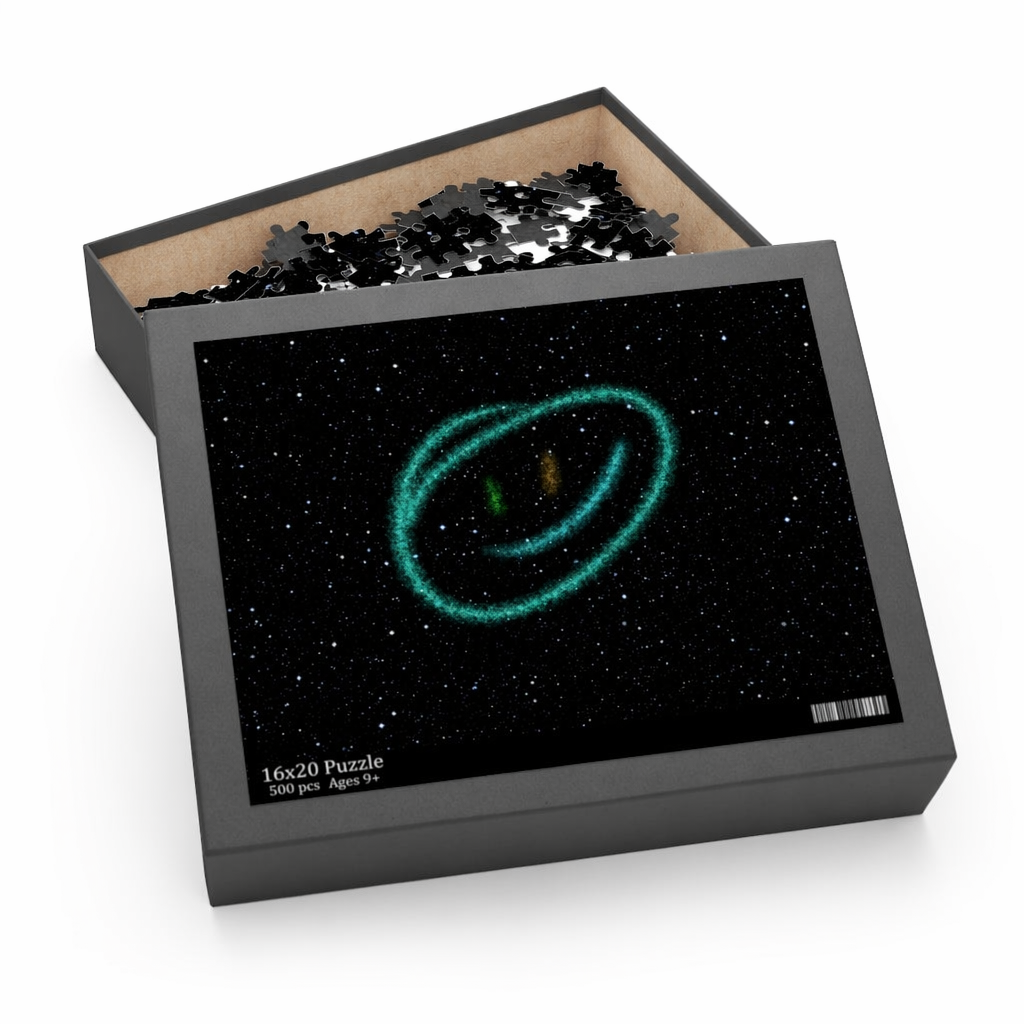 500-Piece Puzzle Featuring a Grinning Face Amidst the Stars and Planets Default
