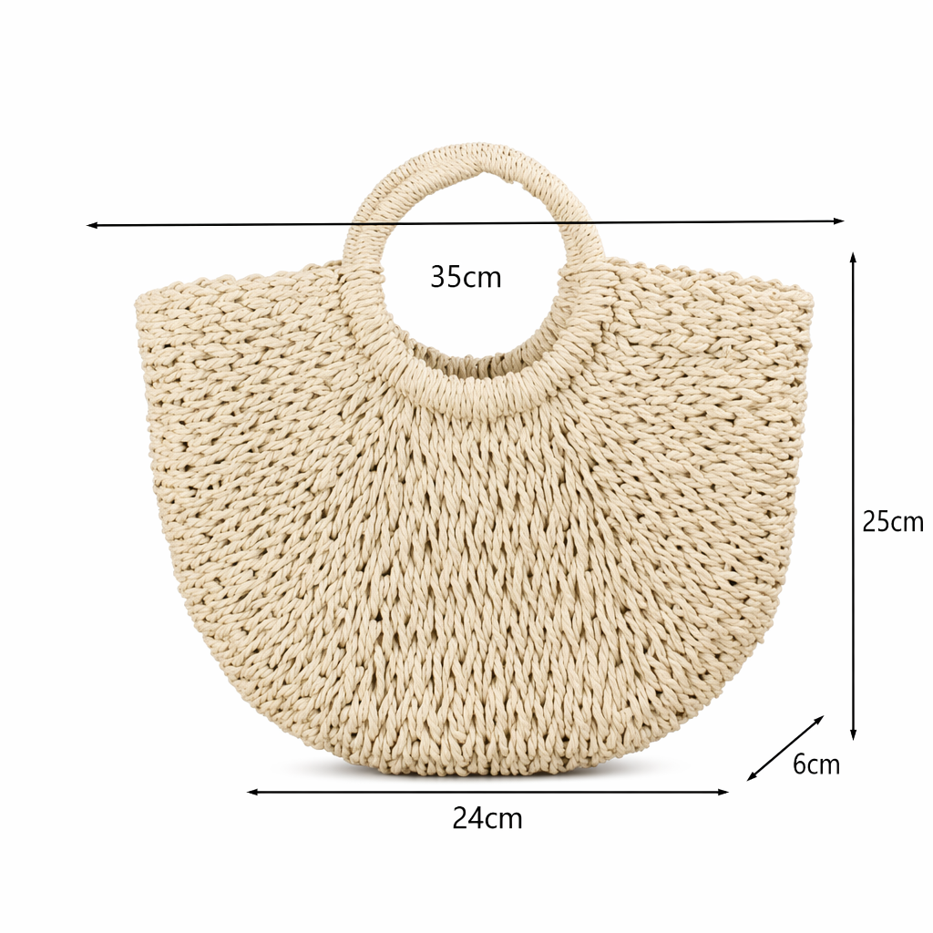Summer Top Handle Circular Straw Bag Beige