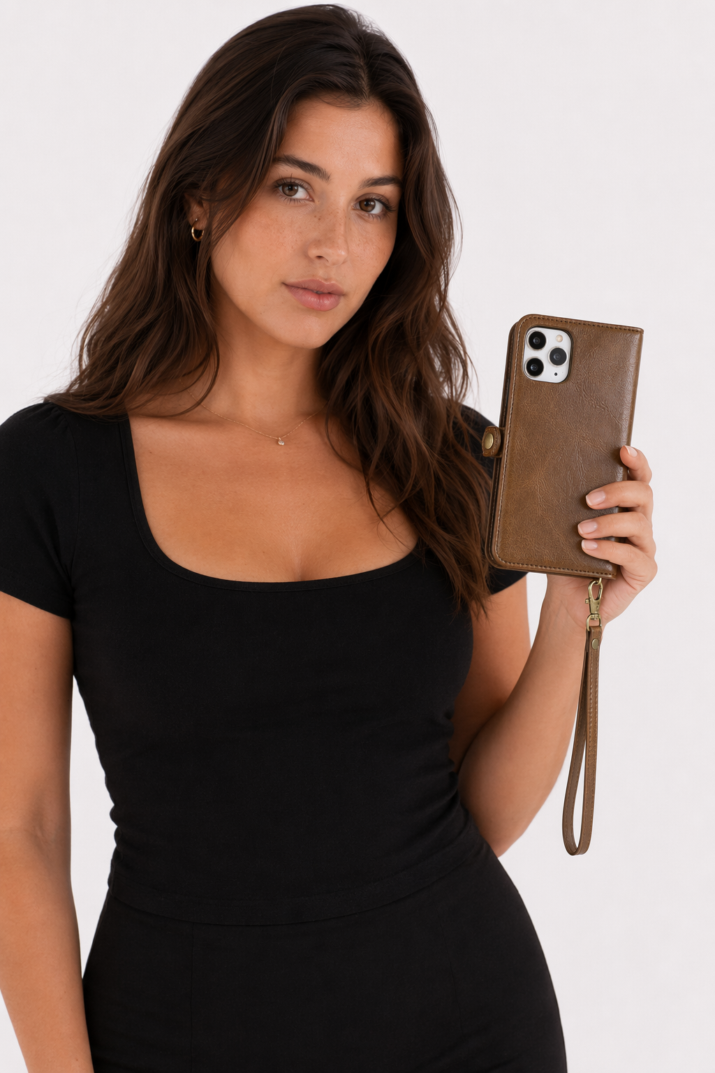 Vegan Magnetic Card Holder Wallet Case with Strap for iPhone 11 to 15, made from Synthetic Leather Brown
