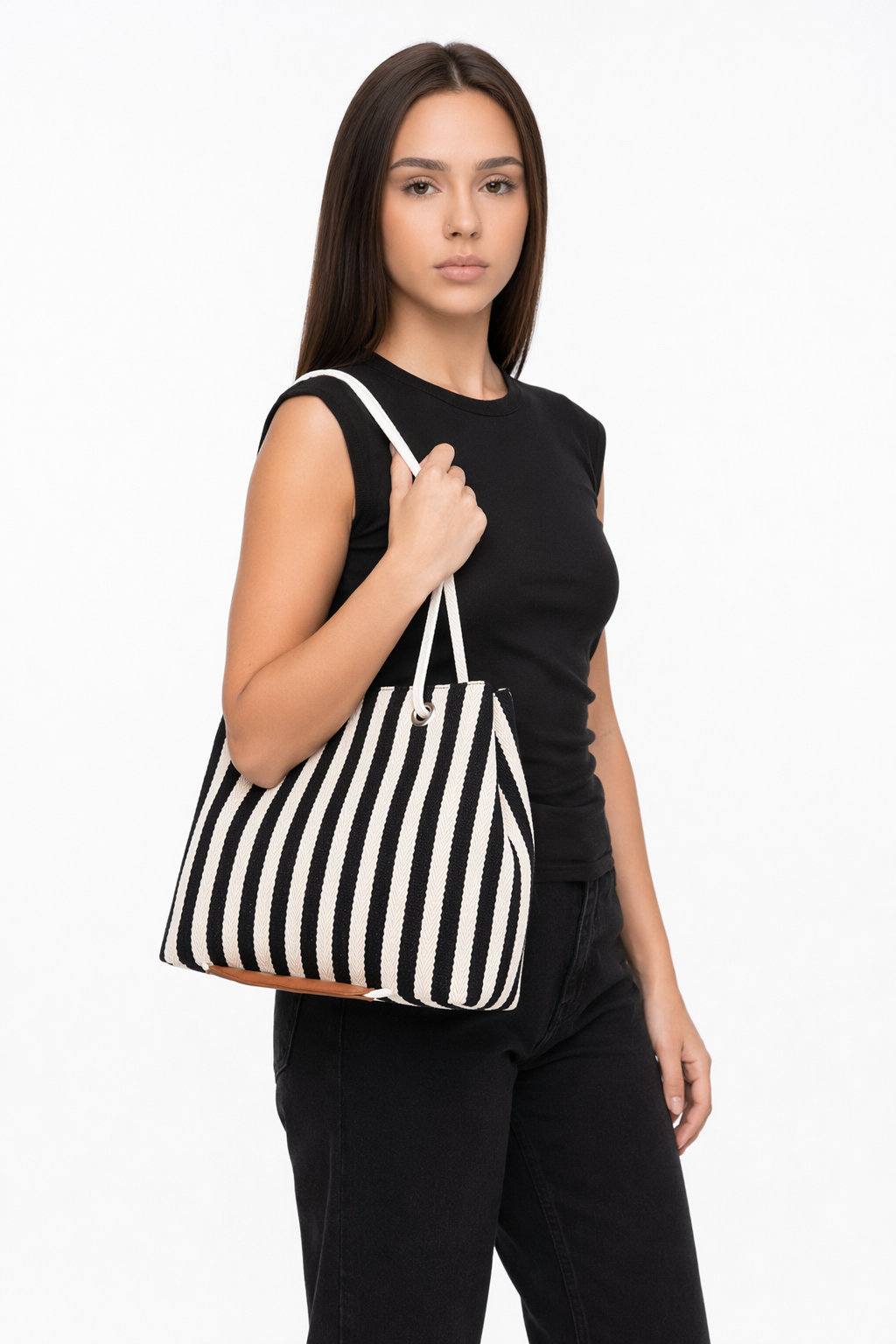 Canvas Striped Tote for Women Black