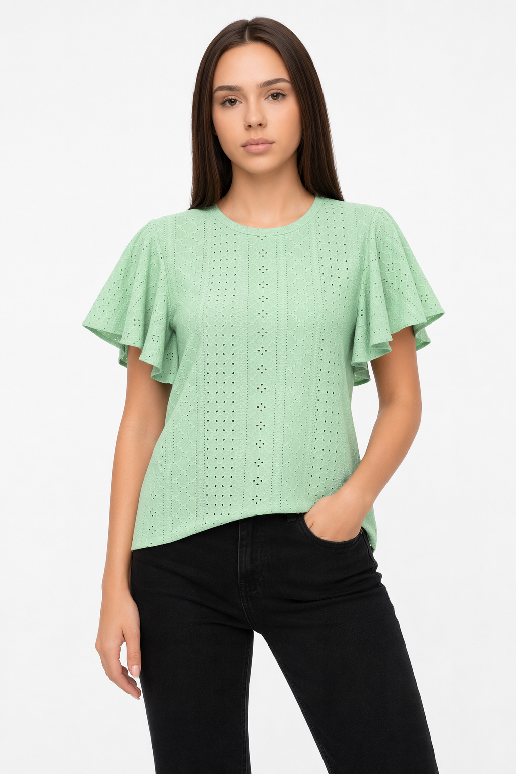 Ruffled Round Neck Top for Women with Cap Sleeves Green