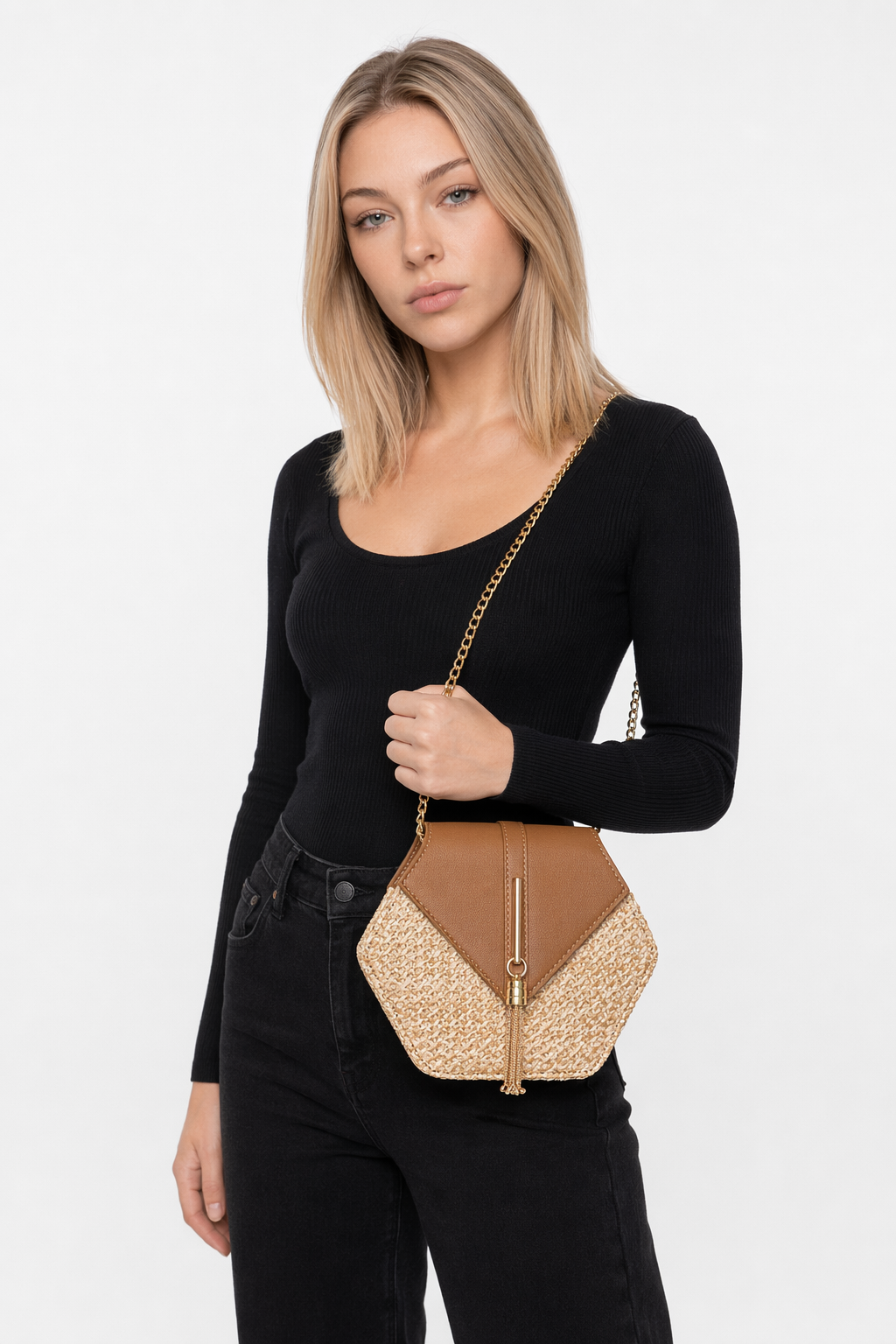 Vegan Leather Covered Mini Straw Handbag Brown