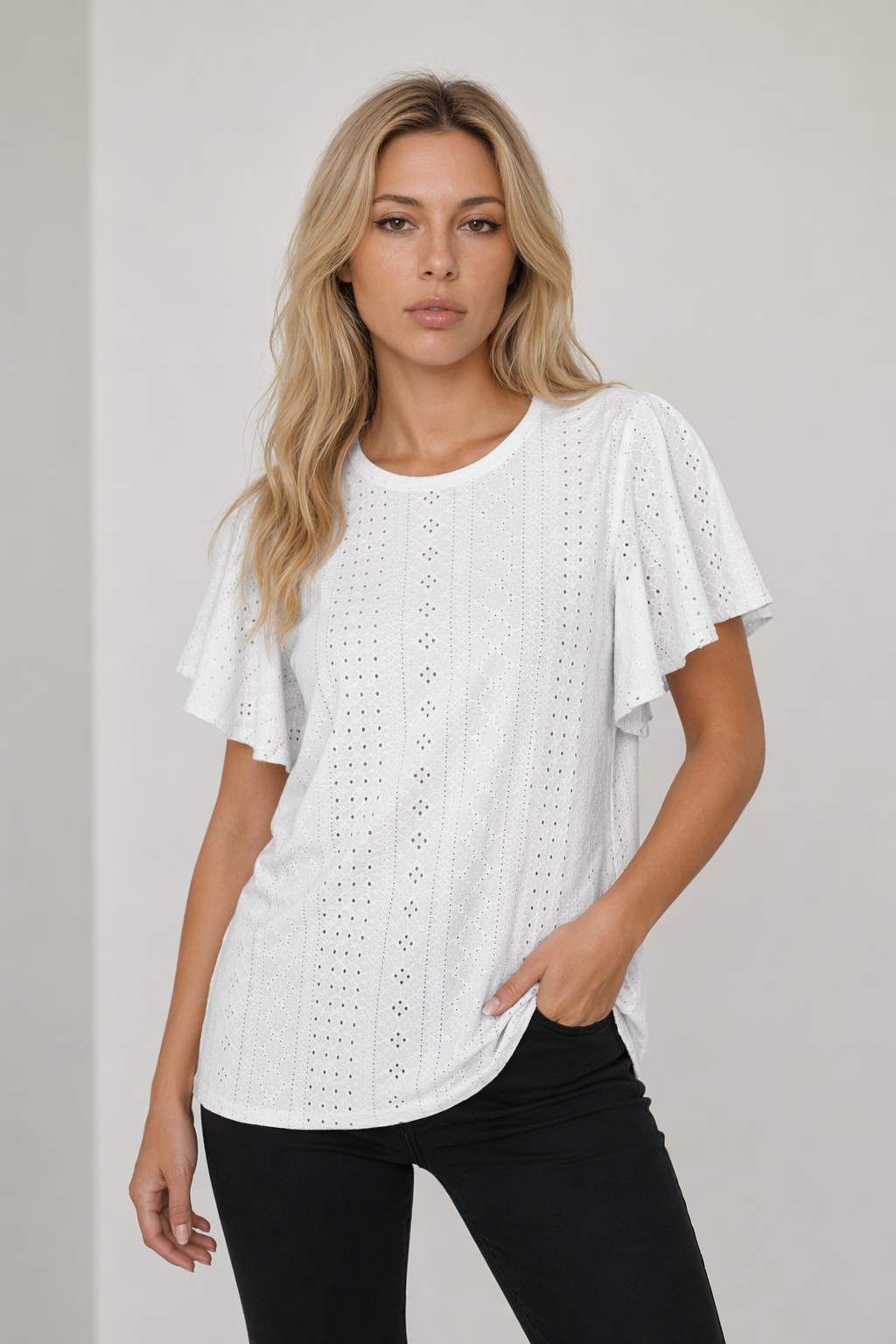 Ruffled Round Neck Top for Women with Cap Sleeves White