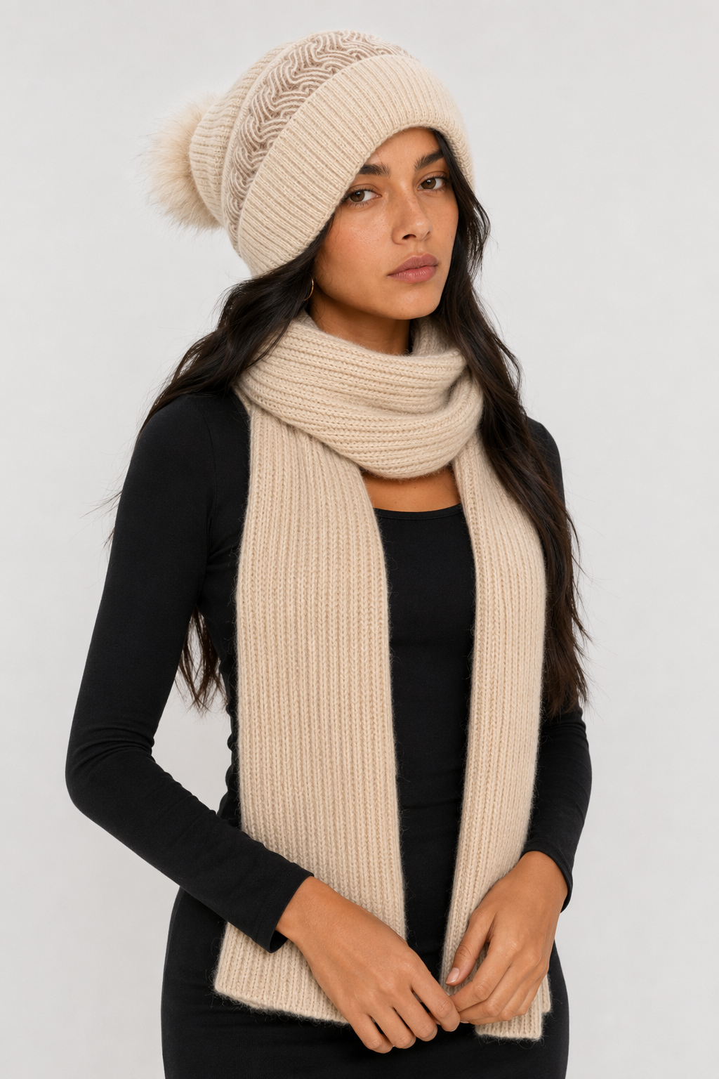 Warm Winter Scarf and Hat Set for Women Beige