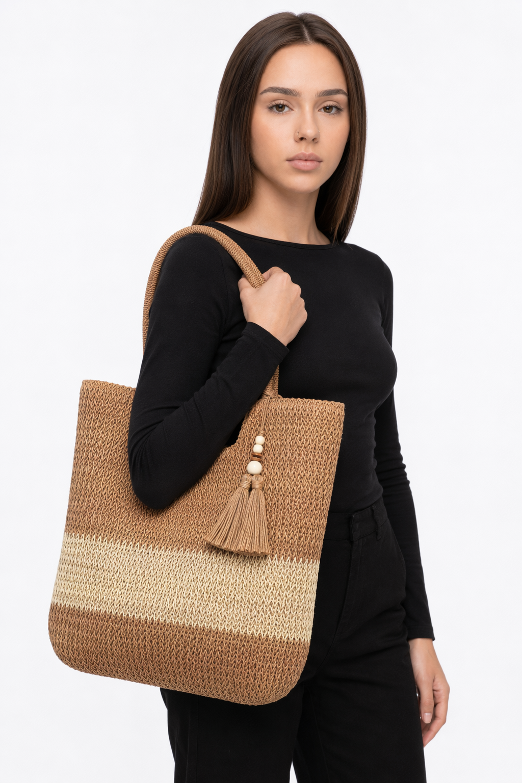 Straw Tote Bag for a Stylish Day at the Beach Khaki