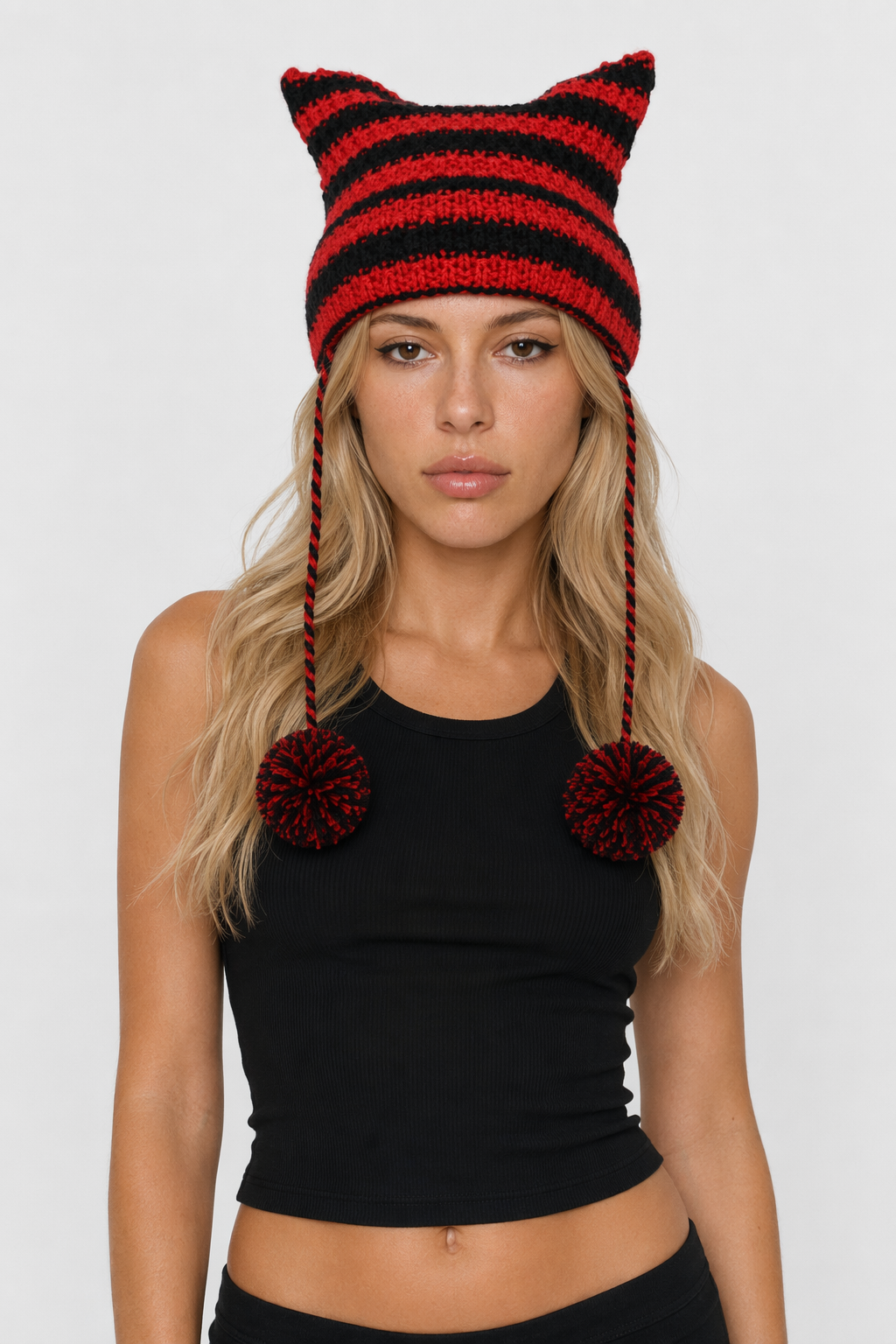 Striped Knitted Beanie for Adults red with pom