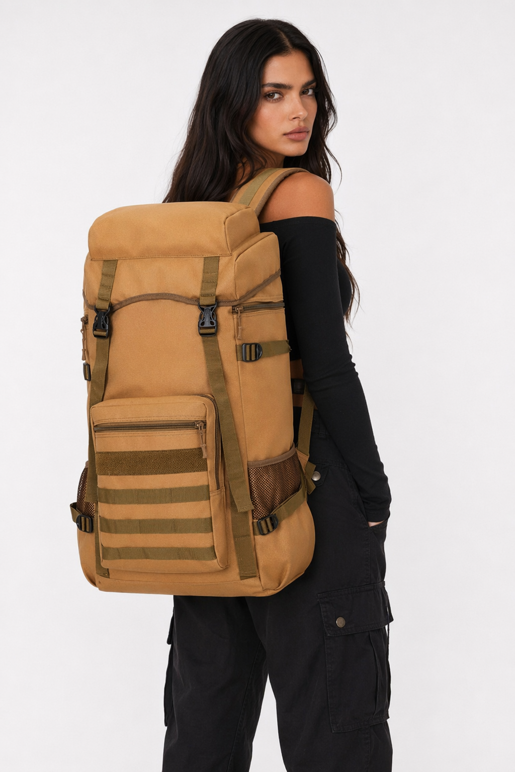Water-Resistant Military Backpack for Outdoor Camping, 70L Khaki