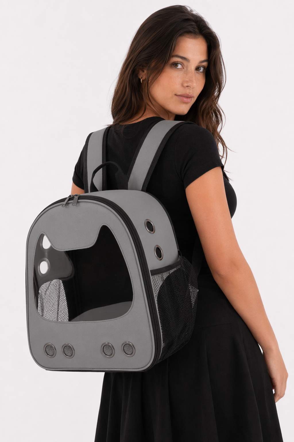Pet Carrier Backpack with Feline Design for Small Sized Cats Gray