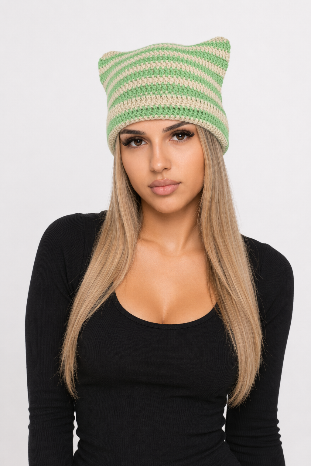Striped Knitted Beanie for Adults green beige handmade