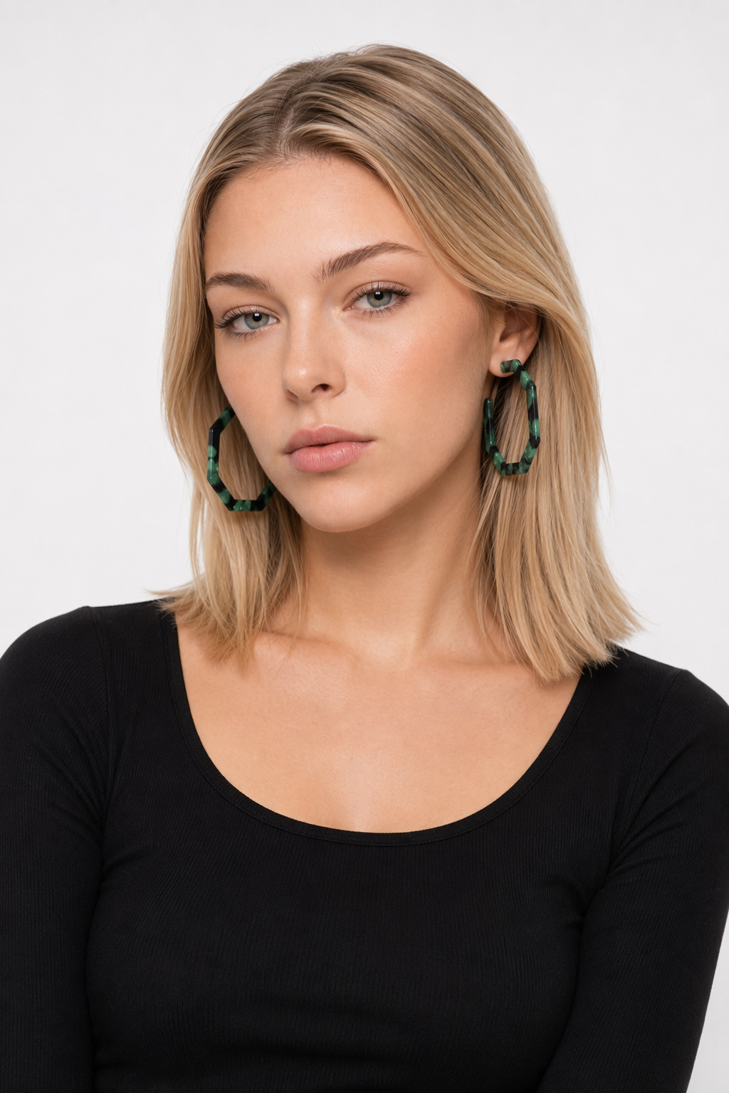 Resin Hoop Earrings with Geometric Design Dark Green
