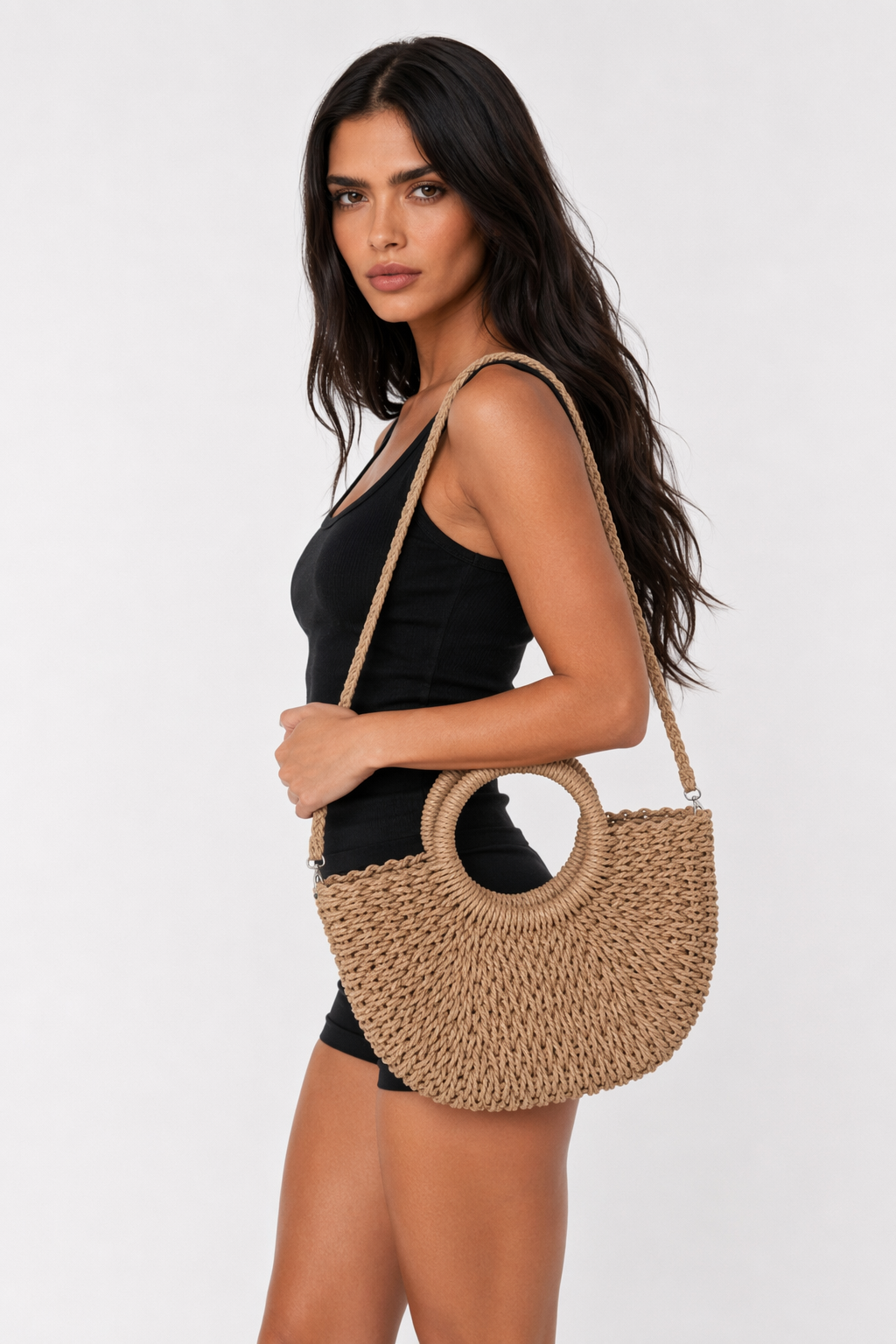 Summer Straw Shoulder Bag for Women Khaki