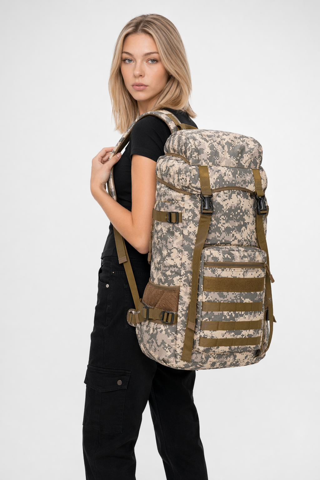 Water-Resistant Military Backpack for Outdoor Camping, 70L Camouflage