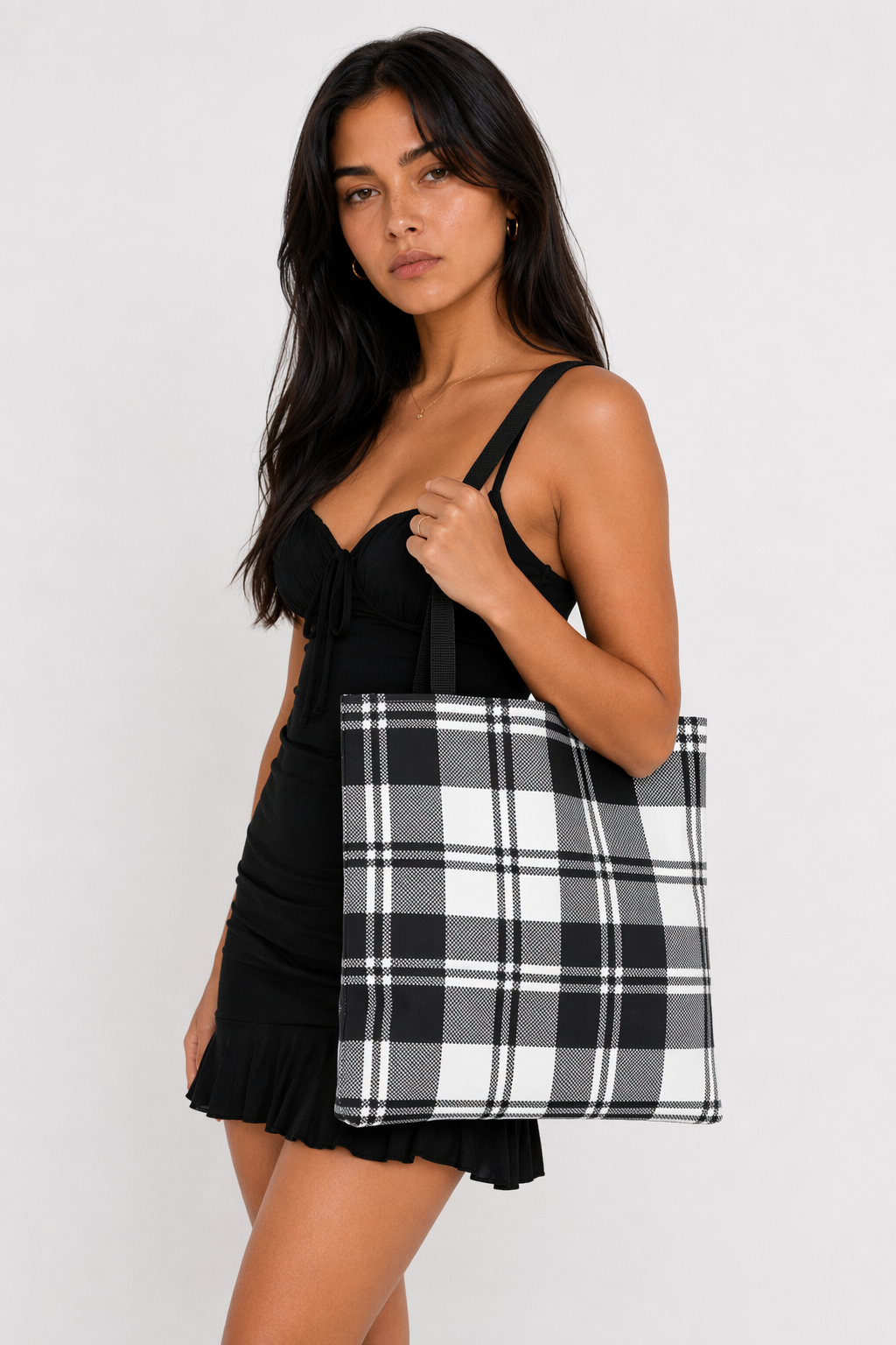 Checkered Plaid Tote Bag in Black Default