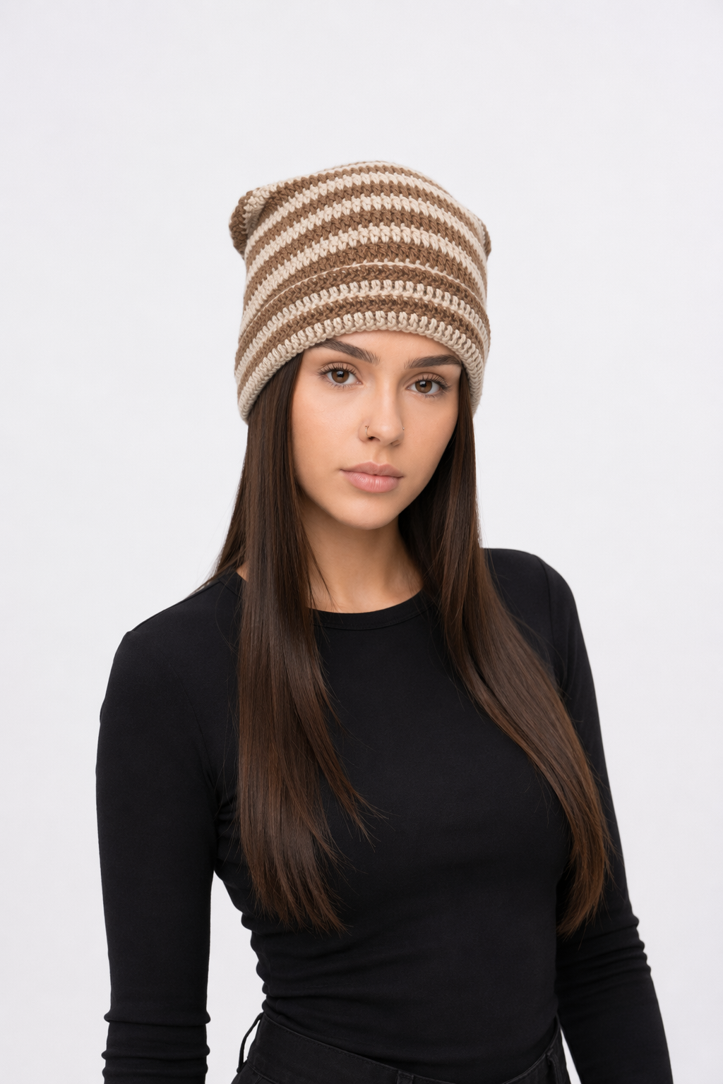 Striped Knitted Beanie for Adults beige brown handmade