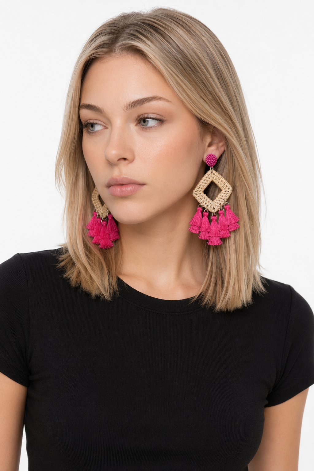 Tassel Rattan Dangle Earrings Pink