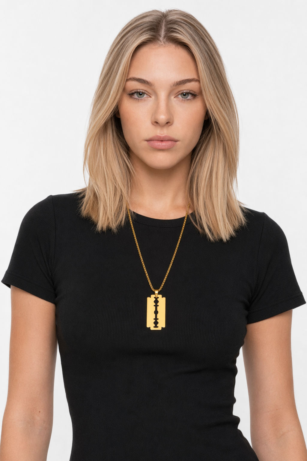 Polished Razor Blade Pendant Necklace Gold