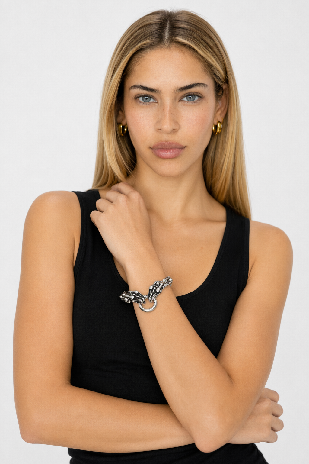 Double Bracelet with Twin Wolf Heads Snake