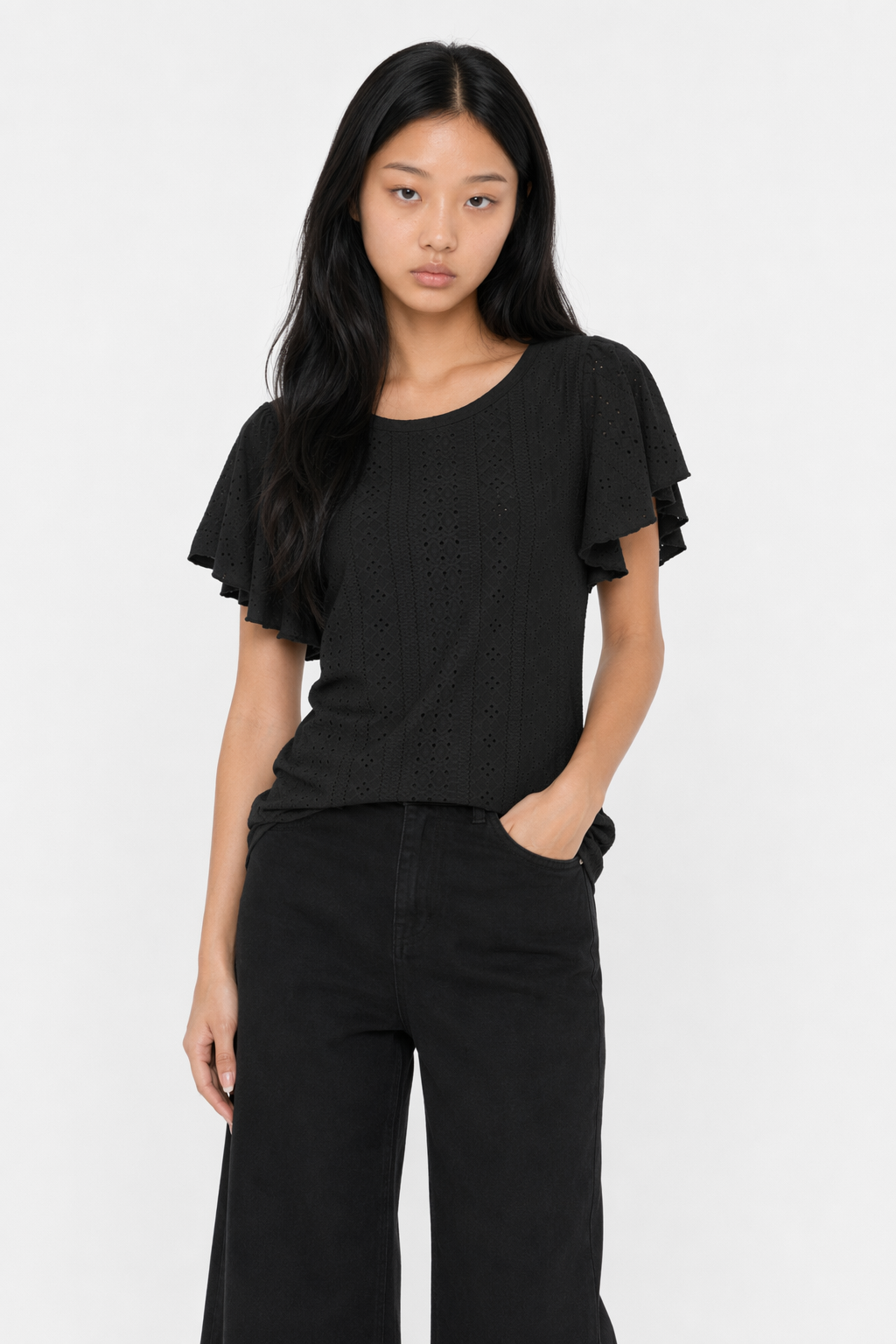 Ruffled Round Neck Top for Women with Cap Sleeves Black
