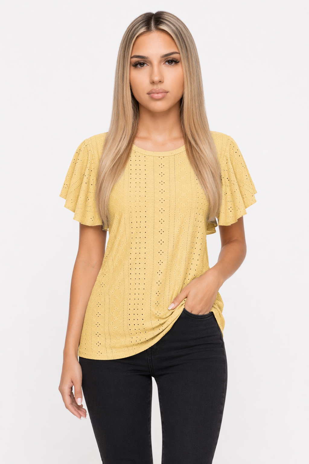 Ruffled Round Neck Top for Women with Cap Sleeves Yellow