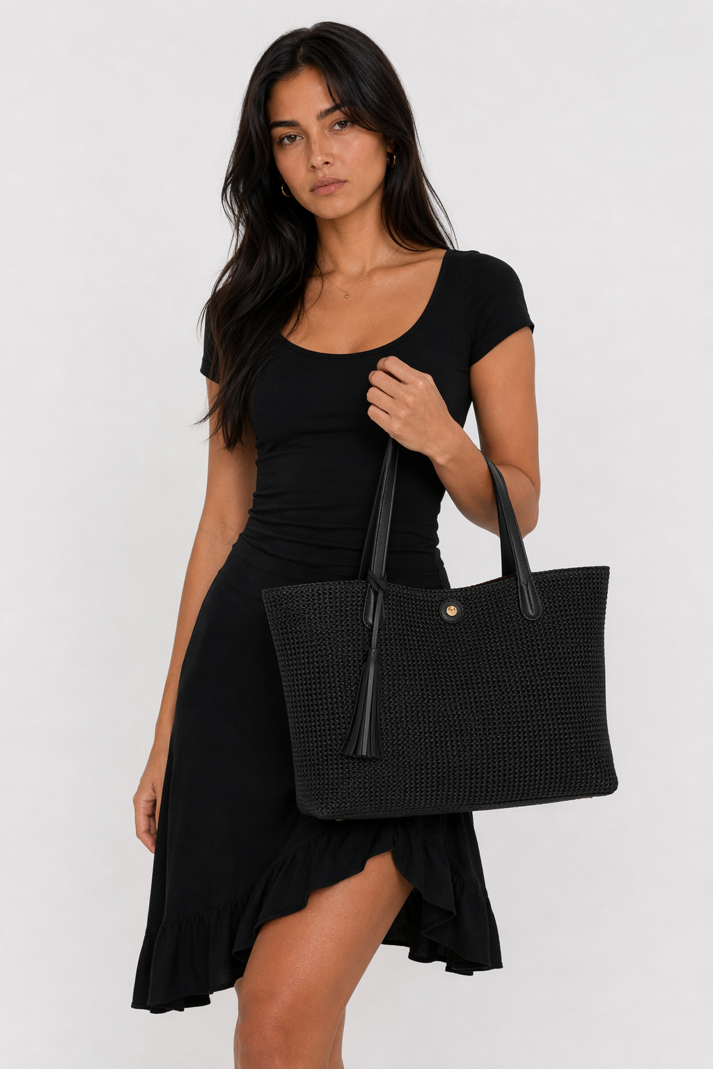 Vegan Leather Accented Tote Bag with Tassel Black