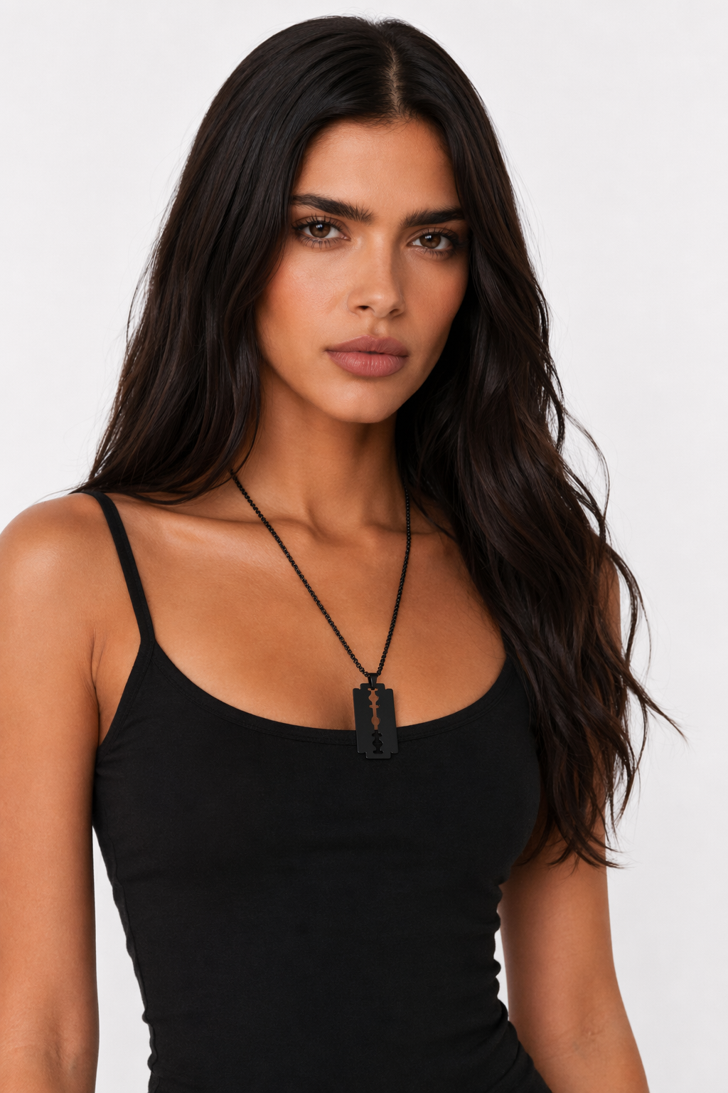 Polished Razor Blade Pendant Necklace Black