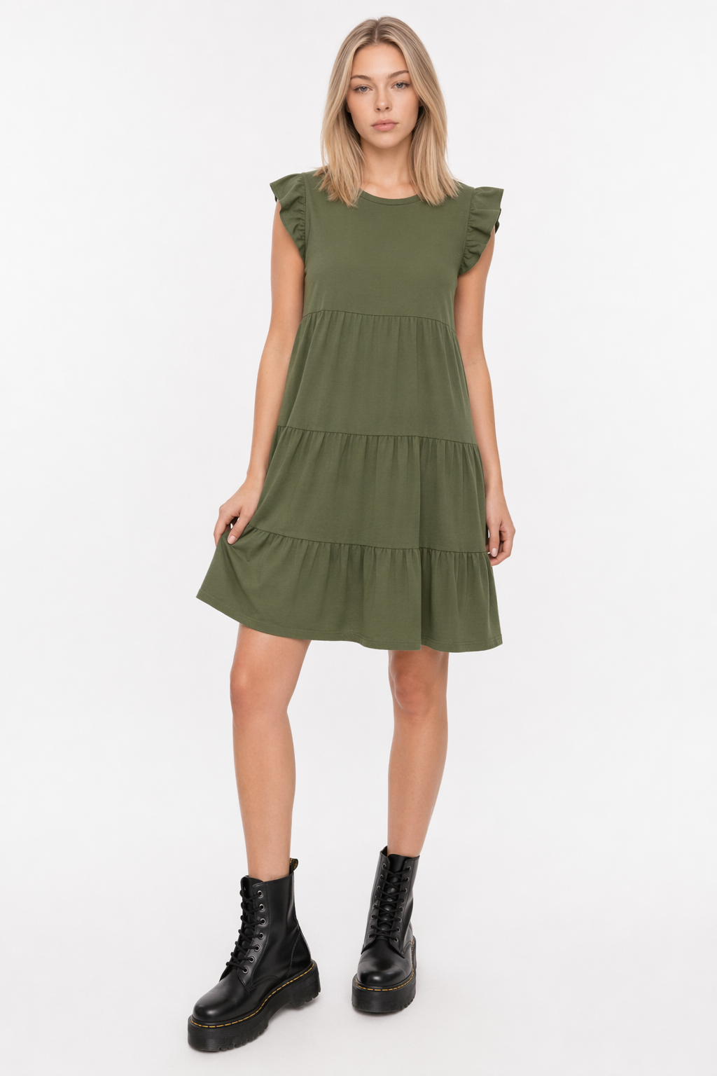Flowy Cap Sleeve Women's Dress Army Green