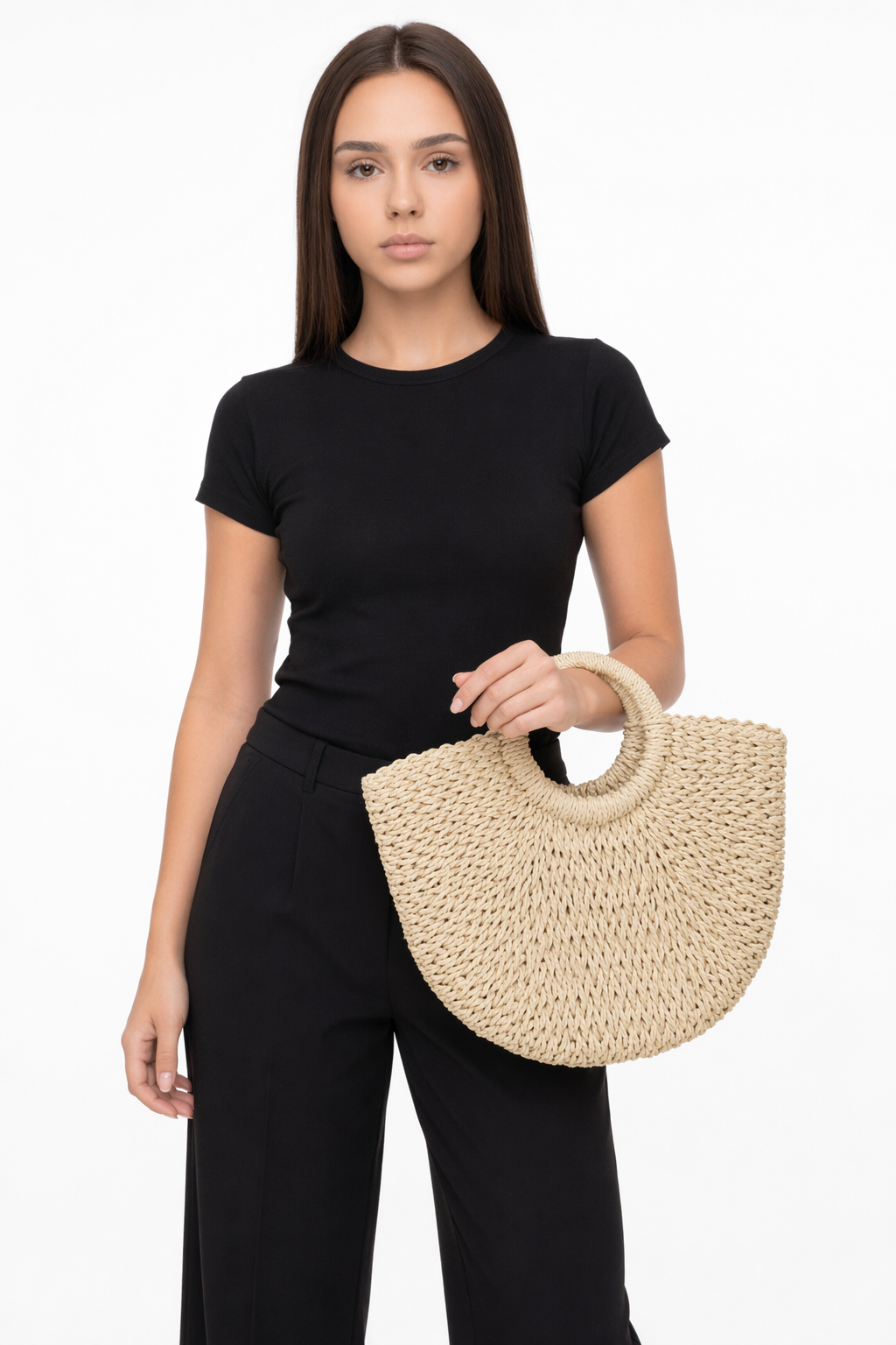 Summer Top Handle Circular Straw Bag Beige
