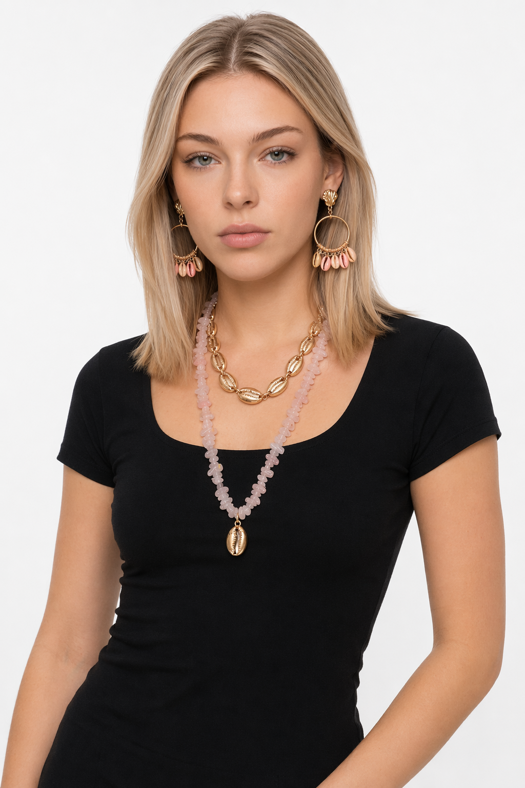 Layered Seashell Necklace and Earrings Set Pink