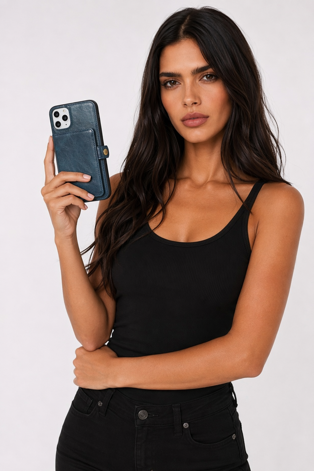 Vegan Magnetic Card Holder Wallet Case with Strap for iPhone 11 to 15, made from Synthetic Leather Blue