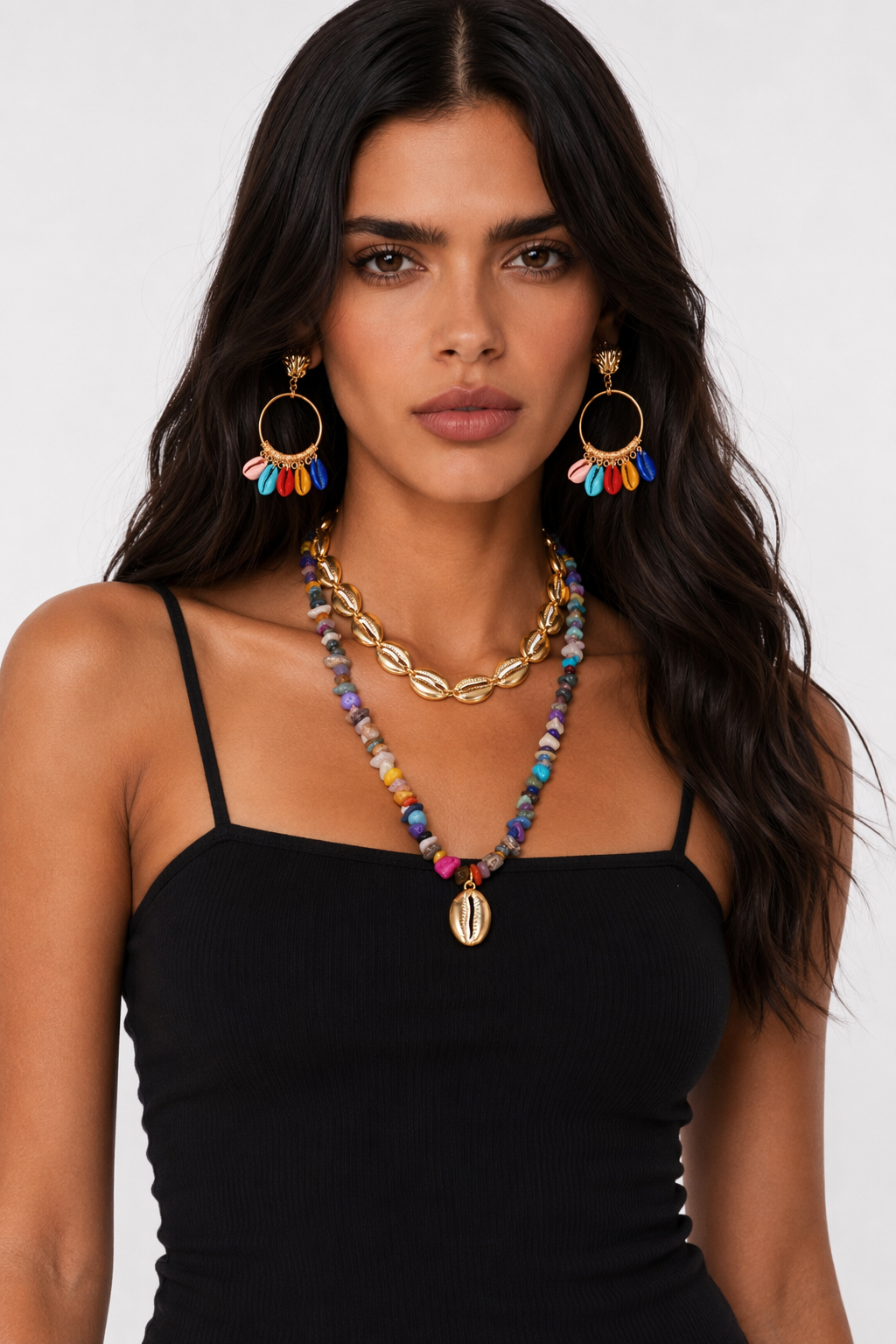 Layered Seashell Necklace and Earrings Set Multi