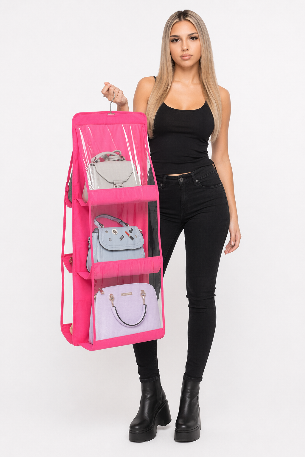 Hanging Handbag Organizer for a Neat and Tidy Closet Pink