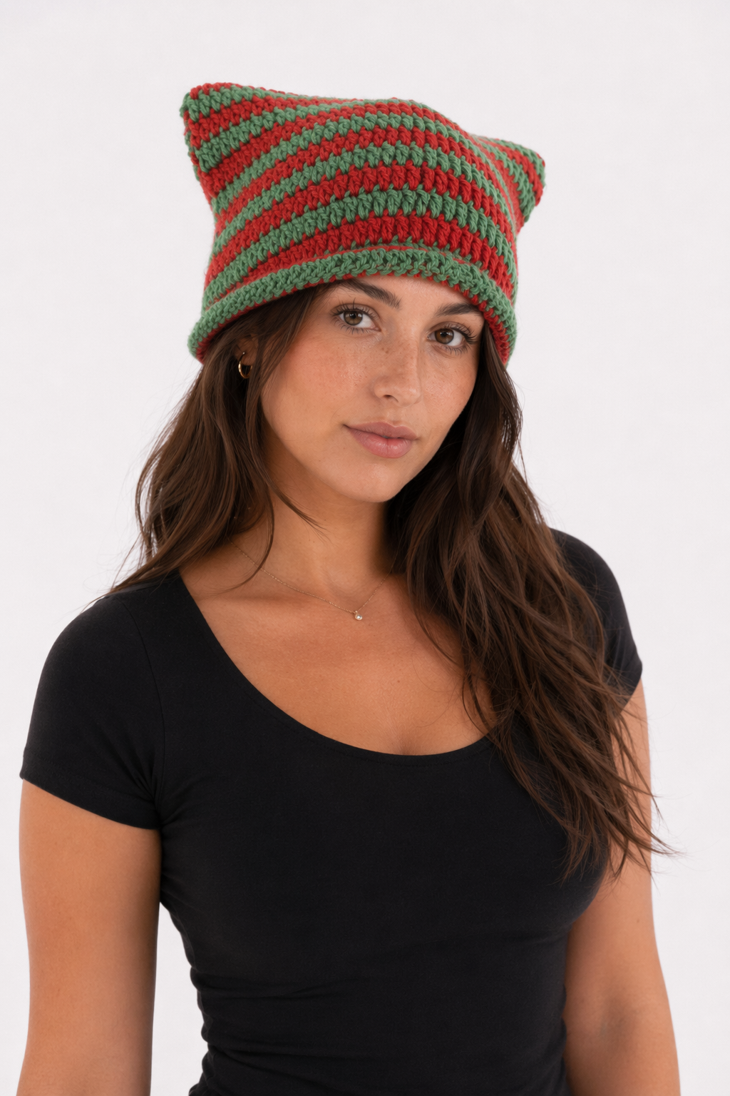 Striped Knitted Beanie for Adults green red handmade