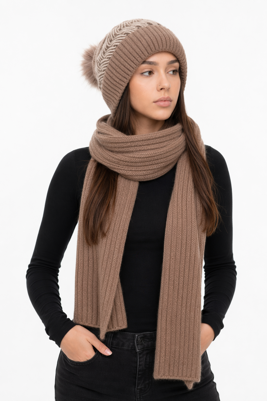 Warm Winter Scarf and Hat Set for Women Khaki