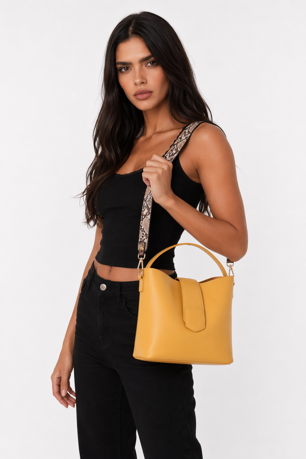 Bucket Bag with Wide Shoulder Strap for Women made of Vegan Leather Yellow