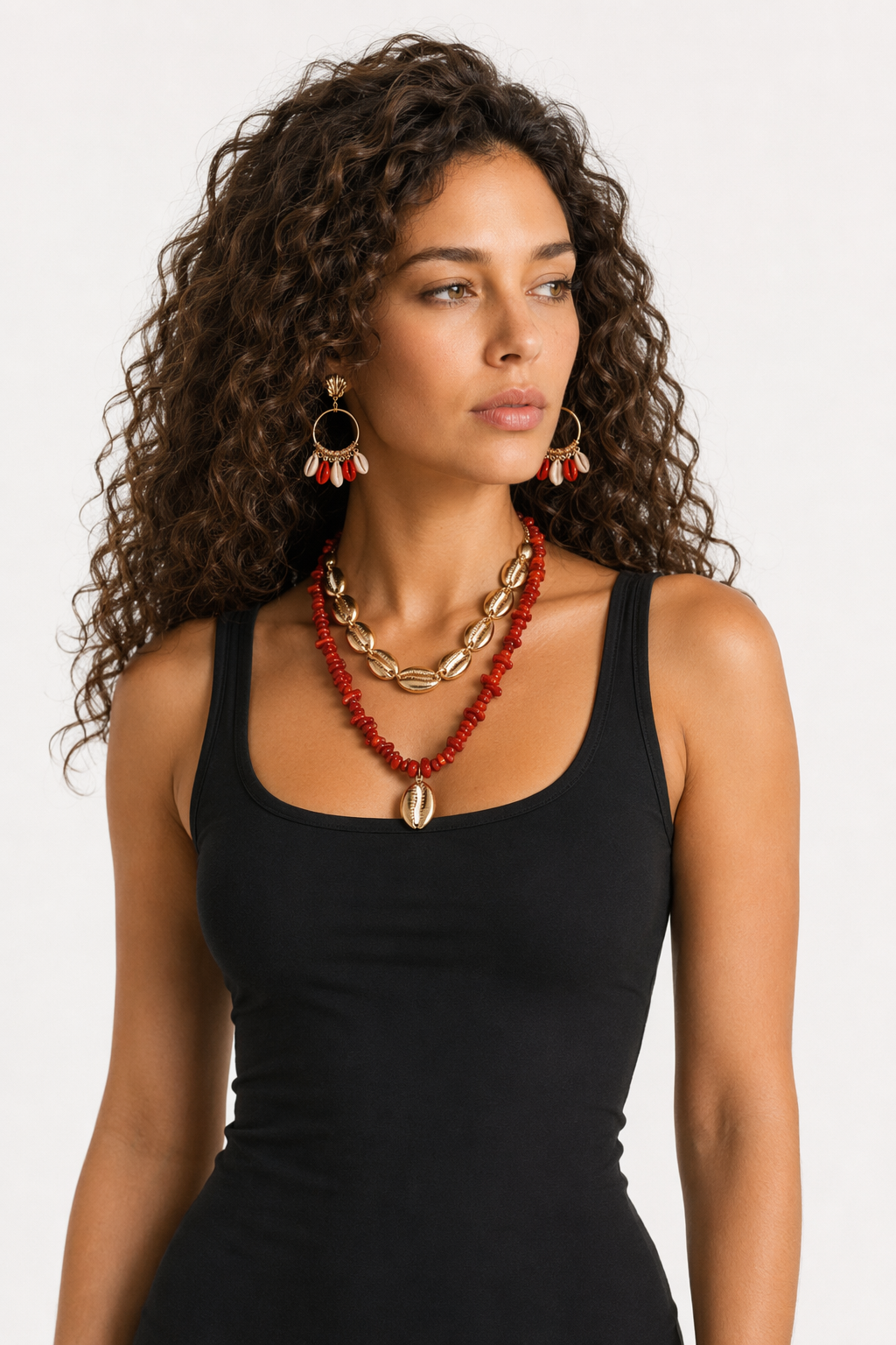 Layered Seashell Necklace and Earrings Set Red
