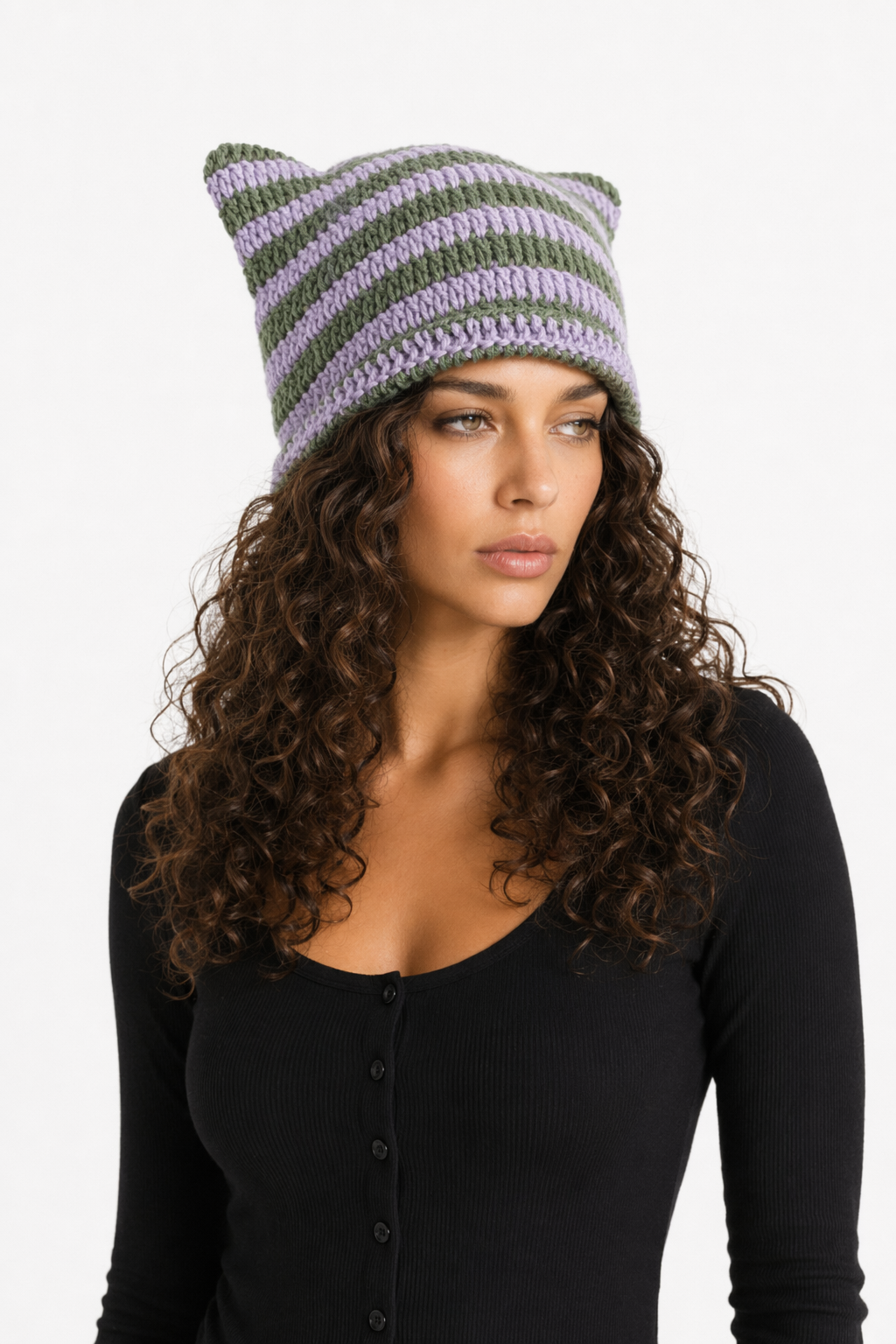 Striped Knitted Beanie for Adults purple green handmad