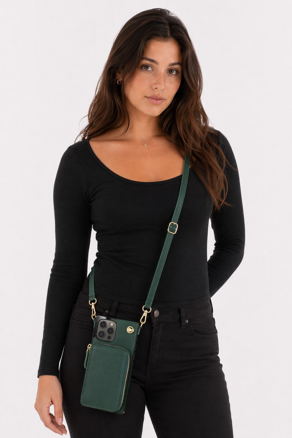Adjustable Crossbody Strap Zippered Wallet Case for iPhone - Ensuring Clarity and Distinction from the Original Product Dark Green