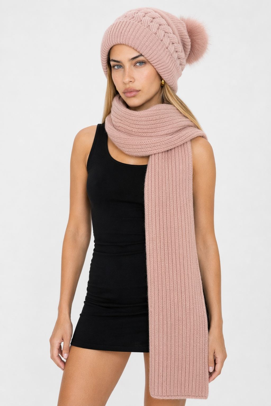 Warm Winter Scarf and Hat Set for Women Pink