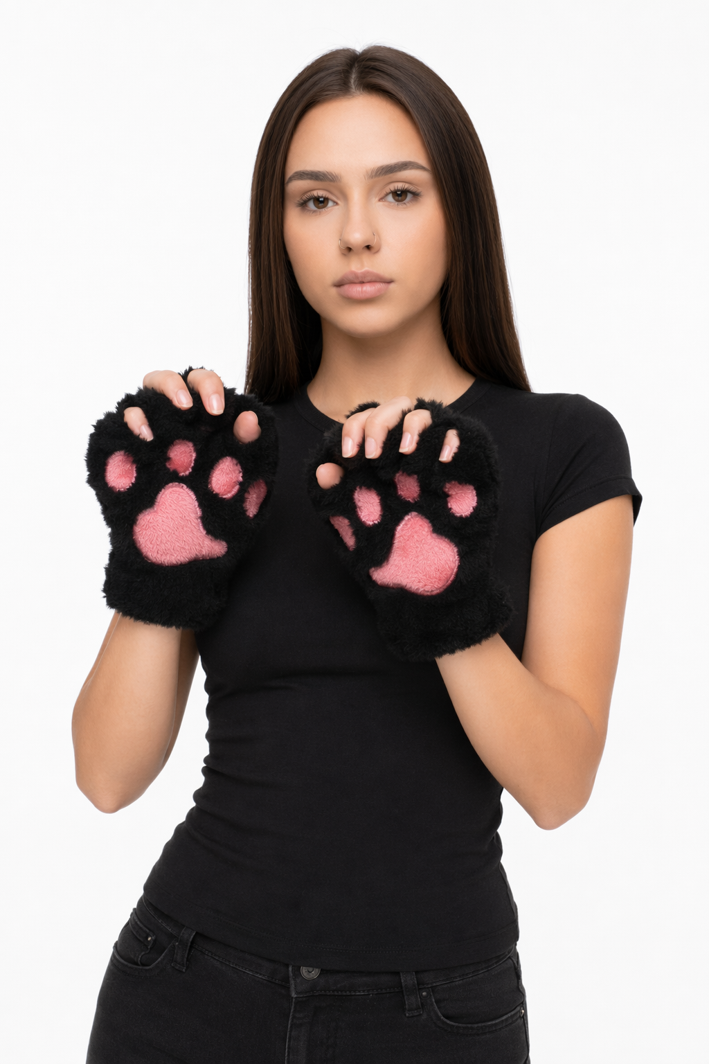 Girls' Winter Gloves with Cat Claw Design Black