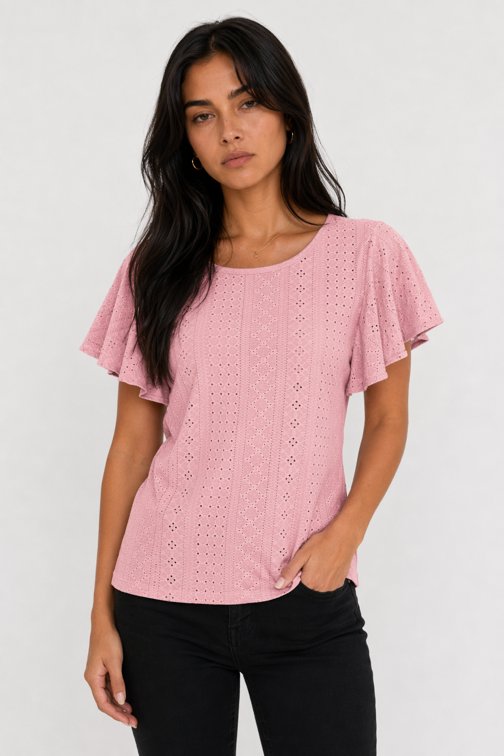 Ruffled Round Neck Top for Women with Cap Sleeves Pink