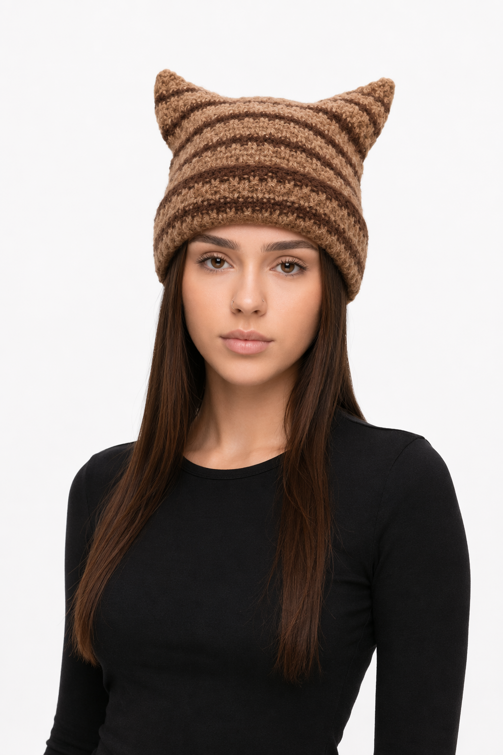 Striped Knitted Beanie for Adults brown striped